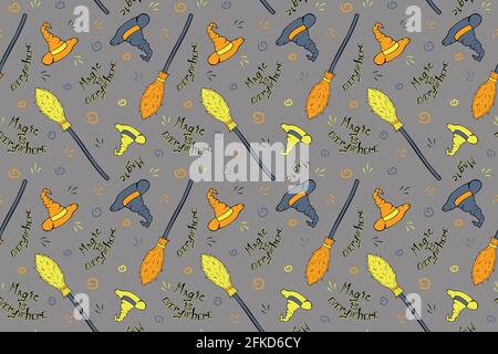 Halloween illustration with witch's hat and broom Stock Vector
