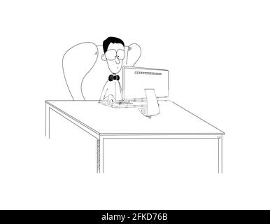 Funny cartoon man or nerd boy sit in chair at desk working on computer. Funny guy clerk or student with bow tie and glasses looks at monitor.Vector Stock Vector