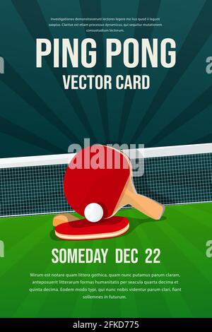 Ping Pong, table tennis flyer, poster design, sports invitation vector editable template.Ball with table tennis palettes and net Stock Vector