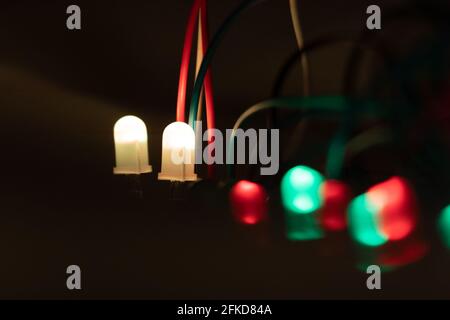 closeup of LED elements on electronic board in white, red and green Stock Photo