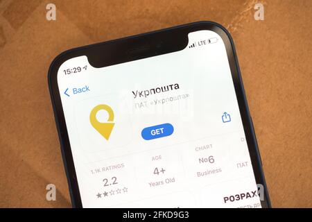 Kharkov, Ukraine - April 27, 2021: Ukrposhta application on the screen of Apple iPhone, Ukrainian National postal delivery service Stock Photo