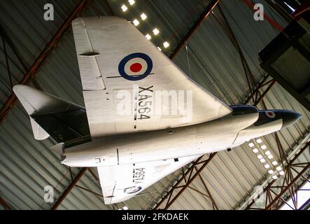 National Cold War Exhibition aircraft RAF Museum Cosford. Preserved aircraft. Gloster Javelin hanging from the ceiling. 1950s delta wing jet fighter Stock Photo