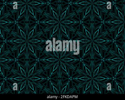 teal floral pattern with different shades giving 3d effect in black background line repeat motif seamless design. Stock Photo