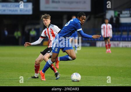 Ipswich, Manchester, UK. 30th Apr 2021. Ipswichs Jesse Nwabueze during the FA Youth Cup Quarter Final match between Ipswich Town and Sheffield United at Portman Road, Ipswich on Friday 30th April 2021. (Credit: Ben Pooley | MI News) Credit: MI News & Sport /Alamy Live News Stock Photo