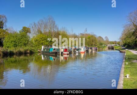 Caen Hill Marina near Devizes on the Kennet and Avon canal in Wiltshire during Spring 2021, England, UK Stock Photo