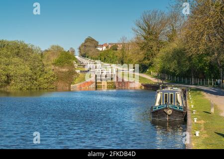 Caen Hill Locks - a lock flight near Devizes along the Kennet & Avon Canal in Wiltshire during Spring 2021, England, UK Stock Photo