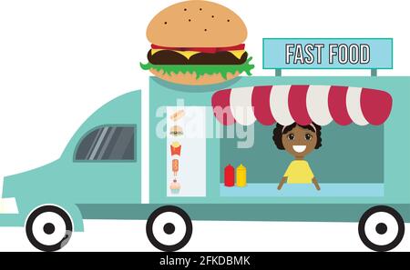 Fast Food truck or van with a burger on the roof, a waiter, a menu and dark windows. Stock Vector