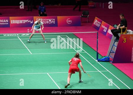 KYIV, UKRAINE - APRIL 30: Julie Dawall Jakobsen of Denmark and Line Christophersen of Denmark compete in their Womens Singles match during Day 3 of the 2021 European Badminton Championships at Palace of Sports on April 30, 2021 in Kyiv, Ukraine. (Photo by Sergey Katasch/Orange Pictures) Stock Photo