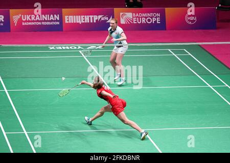 KYIV, UKRAINE - APRIL 30: Julie Dawall Jakobsen of Denmark and Line Christophersen of Denmark compete in their Womens Singles match during Day 3 of the 2021 European Badminton Championships at Palace of Sports on April 30, 2021 in Kyiv, Ukraine. (Photo by Sergey Katasch/Orange Pictures) Stock Photo