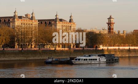London, Greater London, England - Apr 24 2021:  St Thomas' hospital on the south bank of the River Thames in the evening light.
