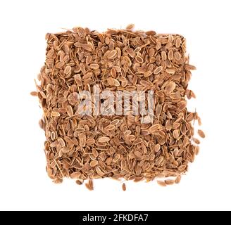 Dill seeds isolated on white background. Natural dry dill seeds. Anethum graveolens. Top view. Stock Photo
