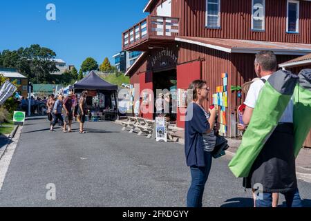 Tauranga New Zealand - April 2 2021; People in Tauranga Historic Village street during 2021 National Jazz Festival. Stock Photo