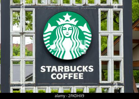 Tokyo, Japan- May 2, 2019 - Starbucks logo locate in front of Starbucks coffee cafe in Ueno park. Stock Photo