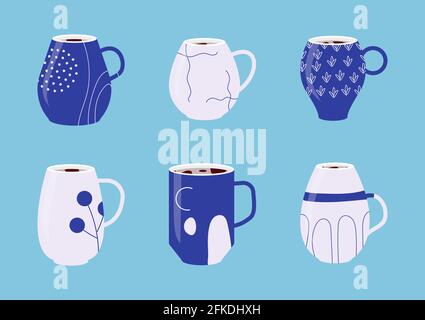 Collection blue porcelain cups. Set icons of mugs with various ornaments filled with drink, hot tea or coffee. Handdrawn abstract, floral linear pattern on cup. Flat cartoon style. Vector illustration Stock Vector
