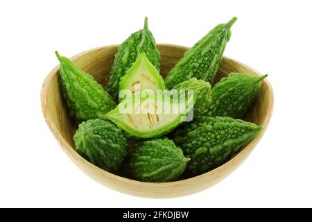 A Bowl of fresh green Bitter Cucumber (Balsum Pear), isolated on white background Stock Photo