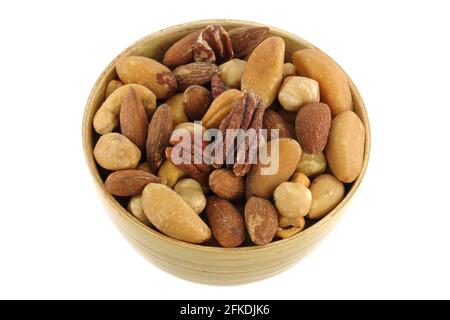 A bowl of Roasted and Salted nuts isolated on white Stock Photo