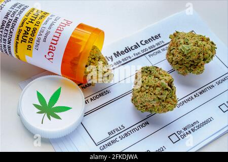 A medical cannabis bottle and on a generic prescription blank Stock Photo