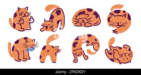 Set of naughty orange cat cartoon with different dynamic poses and expressions. Flat digital vector illustration isolated on white background. Stock Vector
