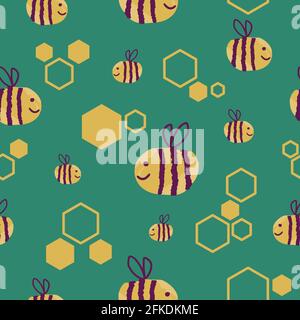 Natural seamless pattern with hand drawn bee and hexagonal honeycomb on a dark green background. Flat digital vector illustration Stock Vector