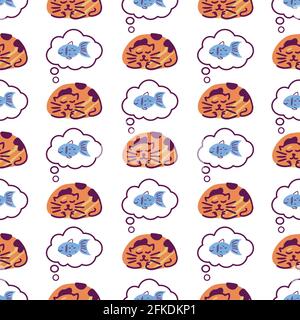 Cute seamless pattern of hand drawn sleeping cat dreaming about fish on white background. Flat digital vector illustration Stock Vector