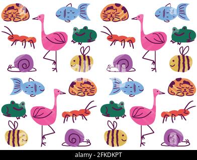 Seamless cute colorful animal doodle for kid. Flat cartoon style vector illustration on white background Stock Vector