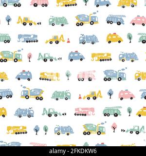 Vector white pastel pen skech rows of small cute cement trucks transport vehicles simple seamless pattern. Suitable for textile, gift wrap and Stock Vector