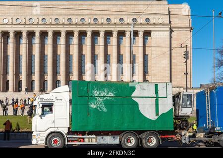 Peat producer´s and transporter´s protest with trucks on Mannerheimintie street in front of the Parliament house in Helsinki Finland Stock Photo