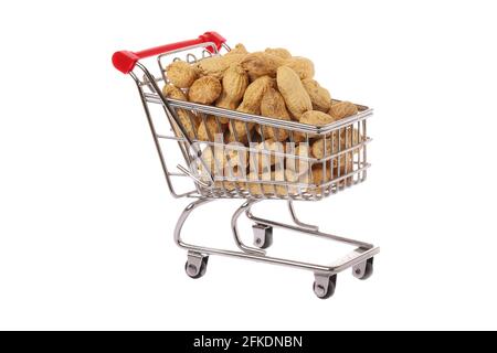 Shopping trolley loaded with peantus isolated on white background. Stock Photo