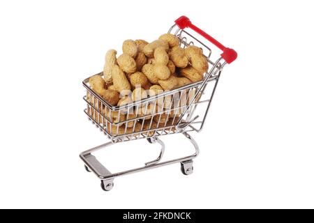 Shopping trolley loaded with peantus isolated on white background. Stock Photo