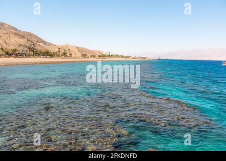 A view of the coral reef above the water. The Red Sea. Beach in the city of Eilat, Israel High angel. High quality photo Stock Photo