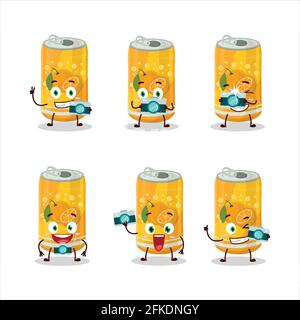 Photographer profession emoticon with orange soda can cartoon character Stock Vector