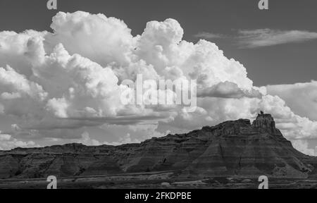 Badlands erosion rock formations with thunder clouds in black and white, South Dakota, United States of America, USA. Stock Photo