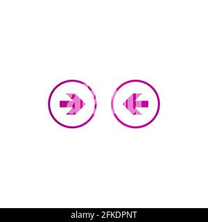 Set of arrows. Purple left and right sharp arrows in circle icons. Isolated on white. Continue icon. Back and next signs. East and West arrow. Stock Vector
