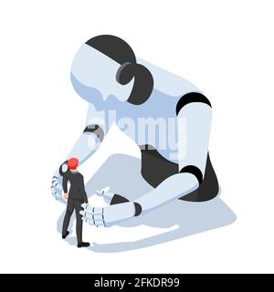 Flat 3d Isometric Businessman Facing with Against Ai Robot. Humans vs Robots and Artificial intelligence Technology Concept. Stock Vector