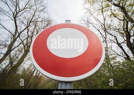 bizarre forbidden sign in the forest Stock Photo