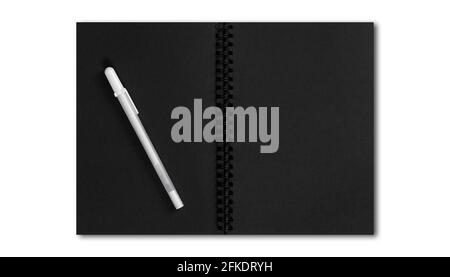 open black notebook with blank pages and White pencil isolated on white background Stock Photo