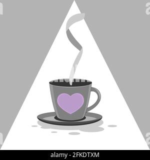 cup and saucer with smoke illustration of a heart on a white and gray background. Vector image Stock Vector