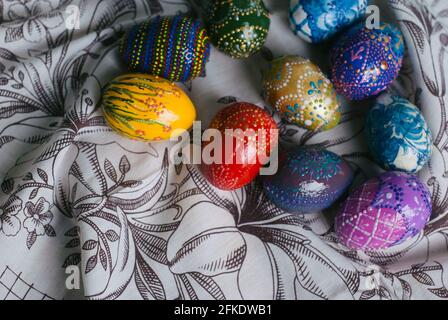 easter eggs top view, happy easter Stock Photo