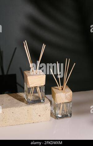 Herbal and oil treatment equipment in relaxing spa scene. Stock Photo