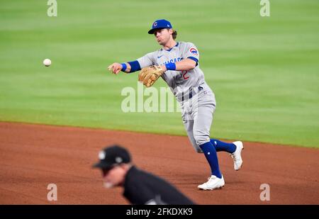 Atlanta, GA, USA. 29th Apr, 2021. Chicago Cubs infielder Nick Hoerner makes a throw to first base during the seventh inning of a MLB game against the Atlanta Barves at Truist Park in Atlanta, GA. Austin McAfee/CSM/Alamy Live News Stock Photo