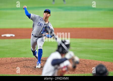 Atlanta, GA, USA. 29th Apr, 2021. Chicago Cubs pitcher Adbert Alzolay delivers a pitch during the sixth inning of a MLB game against the Atlanta Braves at Truist Park in Atlanta, GA. Austin McAfee/CSM/Alamy Live News Stock Photo