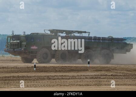 ALABINO, RUSSIA - AUGUST 25, 2020: Transport-loading vehicle 9T234 of the Smerch multiple launch rocket system close-up. Fragment of the demonstration Stock Photo