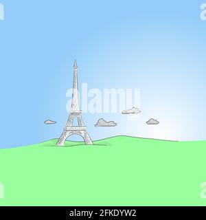 Eiffel Tower on the background of mountain landscape hand drawn vector illustration. Stock Vector