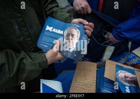 ALBA party campaigning at Kelvingrove Park with campaign materials collected by volunteers in Glasgow, Scotland. Stock Photo