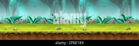 Big vector cartoon style seamless mystery rain forest illustration for game design, app, websites. Stock Vector