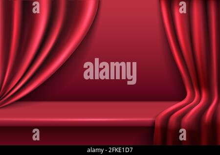 3d realistic vector red velvet background with wavy drapery curtains. Stock Vector