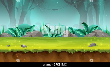 Vector cartoon style seamless mystery rain forest illustration for game design, app, websites. Stock Vector