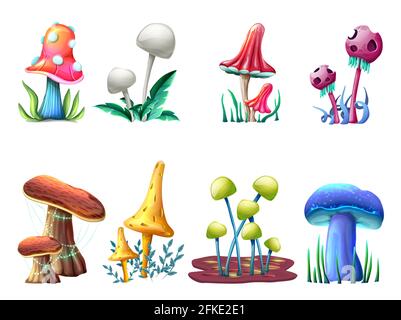 Collection of vector cartoon style magic fantasy mushrooms, isolated on white background. For web, video games, user interface, design printing. Stock Vector
