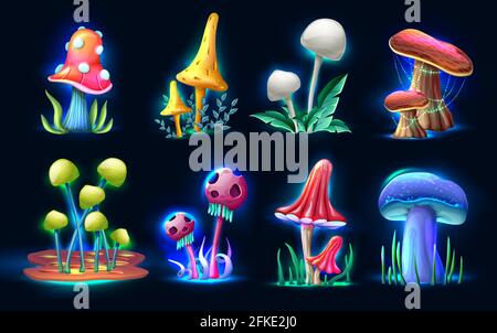 Collection of vector cartoon style magic fantasy mushrooms glowing in the dark, isolated on white background. For web, video games, user interface, de Stock Vector
