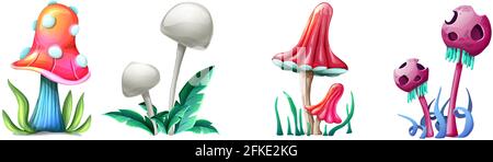 Collection of cartoon style magic fantasy mushrooms, isolated on white background. For web, video games, user interface, design printing. Stock Vector